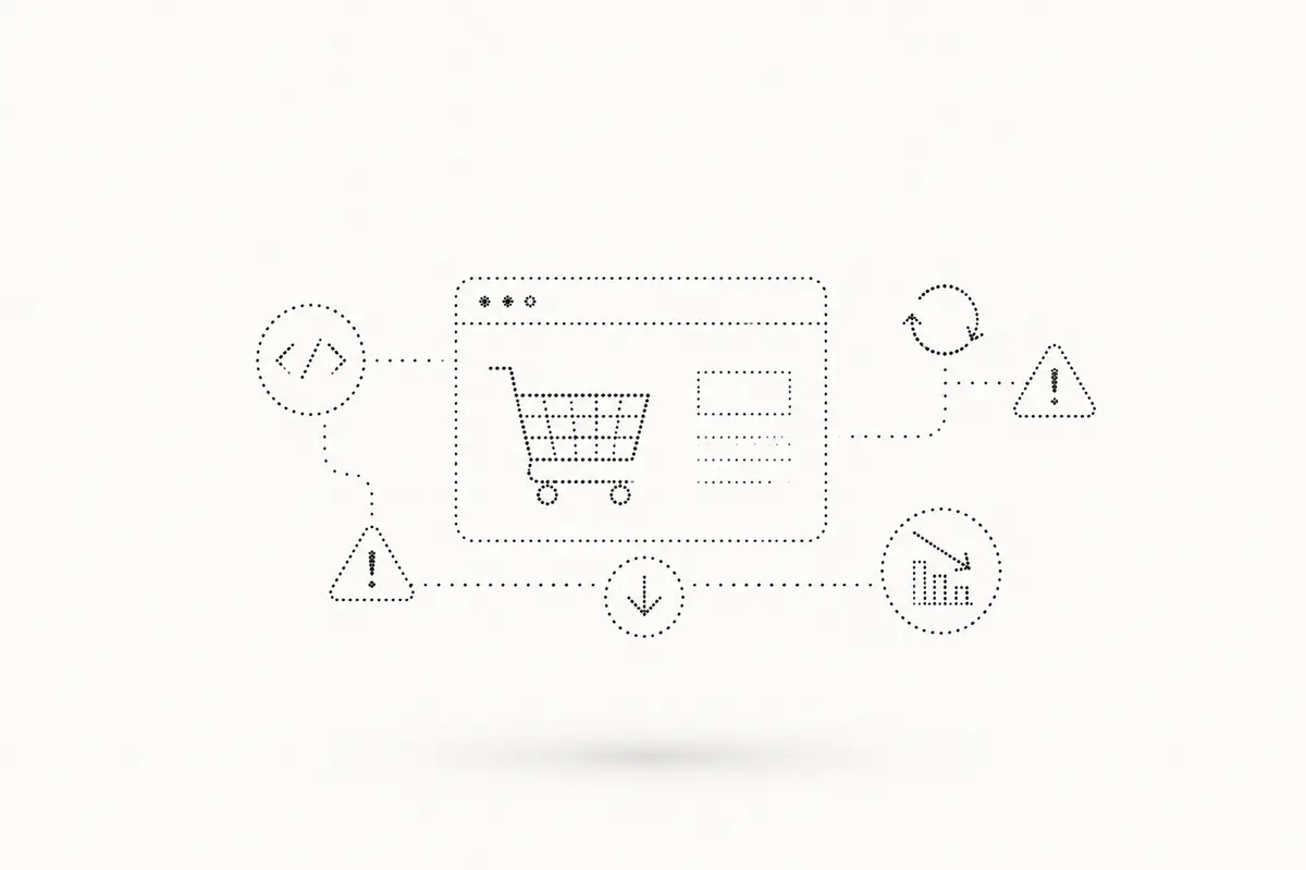 Online-Shop mit Warenkorb, verbunden mit Code, Updates und Warnsymbolen